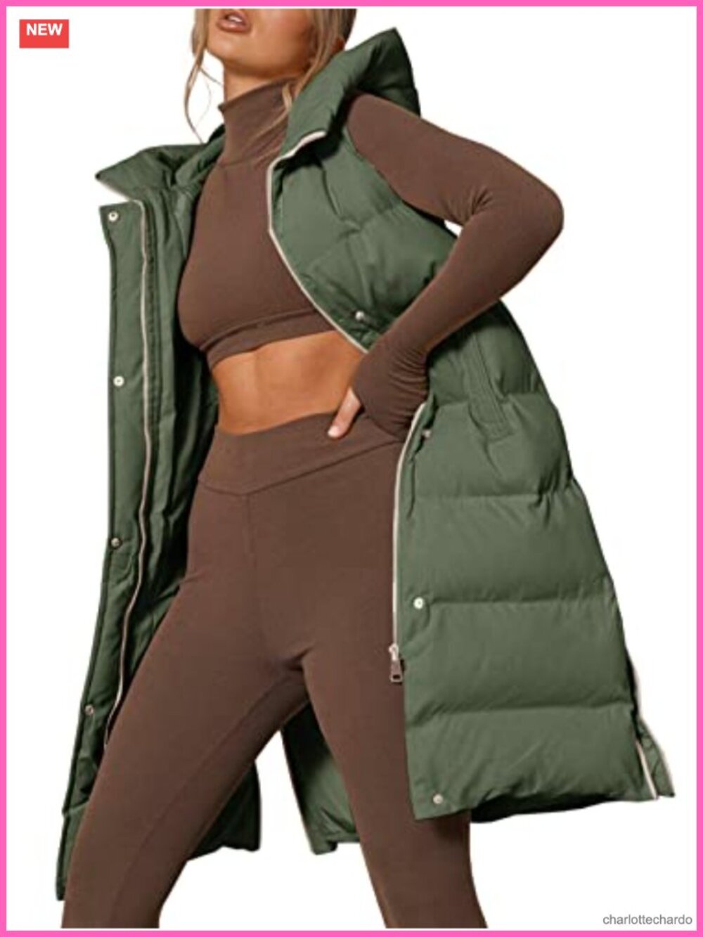 Women's Long Hooded Puffer Vest Sleeveless Stand Collar Down Vest